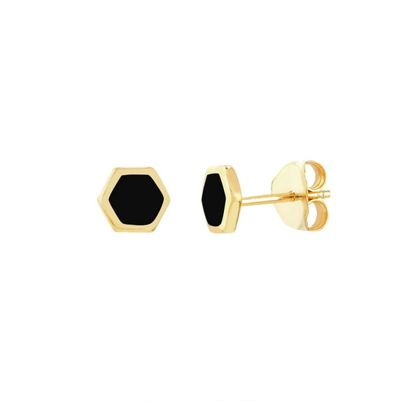 14k Yellow Gold Hexagon Shape Black Enamel Stud Earrings Stud Earring for Women