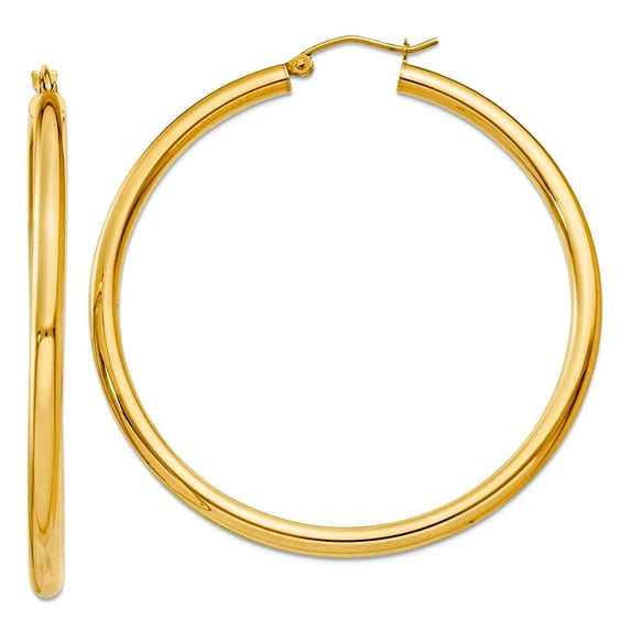 14k Yellow Gold Hollow Polished 3mm Light Tube Hoop Earrings 50mm long 3mm Thick Hoop Earring for Women