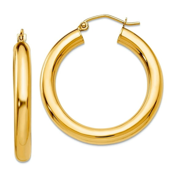 14k Yellow Gold Hollow Polished 4mm X 30mm Tube Hoop Earrings 30mm long 4mm Thick Hoop Earring for Women
