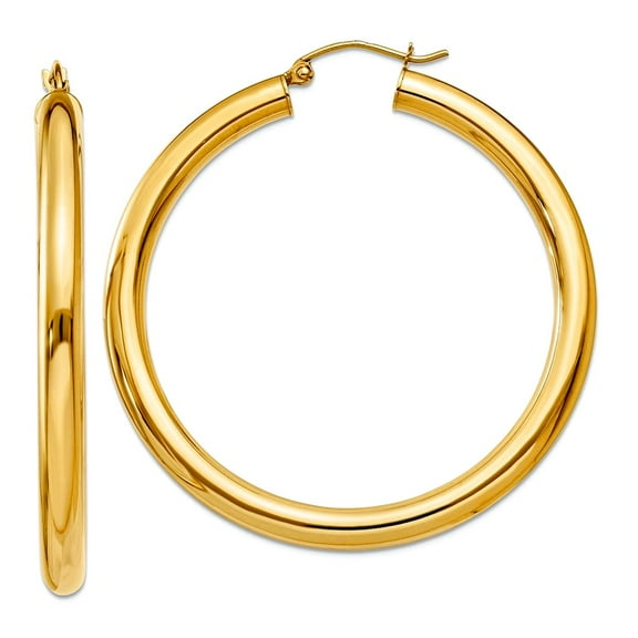 14k Yellow Gold Hollow Polished 4mm x 45mm Tube Hoop Earrings 45mm long 4mm Thick Hoop Earring for Women
