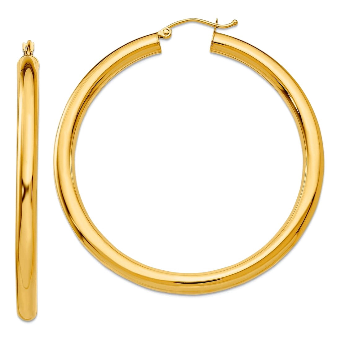 14k Yellow Gold Hollow Polished 4mm x 50mm Tube Hoop Earrings 50mm long 4mm Thick Hoop Earring for Women