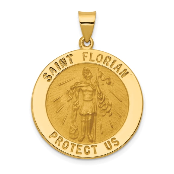 14k Yellow Gold Hollow Polished and Satin St. Florian Medal Charm Pendant