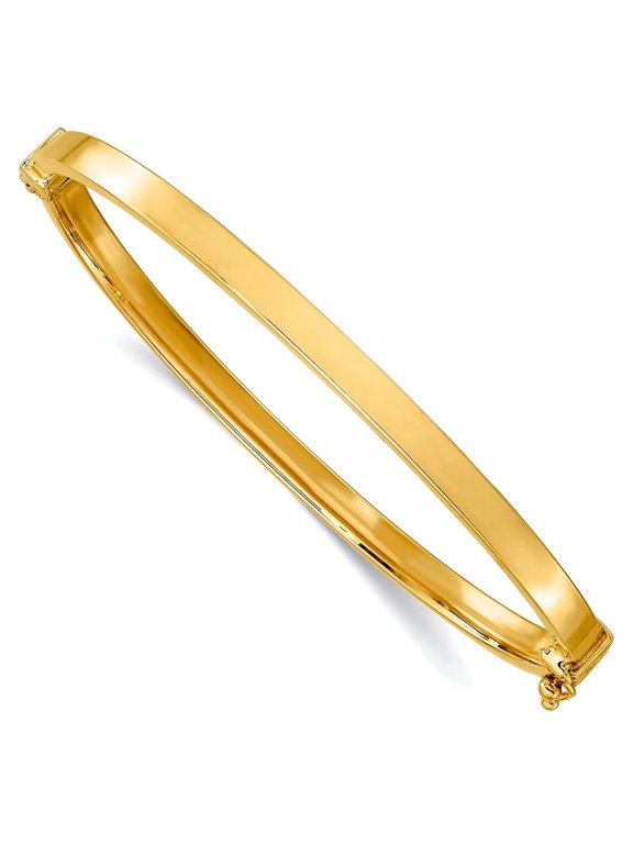 14k Yellow Gold Hollow Safety clasp Polished Hinged Bangle Bracelet 4mm Wide Cuff Bracelet for Women
