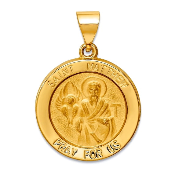 14k Yellow Gold Hollow Satin Back Polished and Satin St. Matthew Medal Pendant Necklace 22x19mm Wide Pendant for Women