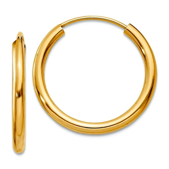 14k Yellow Gold Hollow tube 2mm Polished Round Endless Hoop Earrings 17x17mm Wide 2mm Thick Hoop Earring for Women