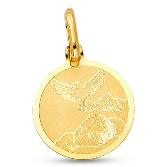 14k Yellow Gold Holy Baptism Pendant Spirit Dove Coin Charm Christian Style Solid Genuine 15 x 15 mm