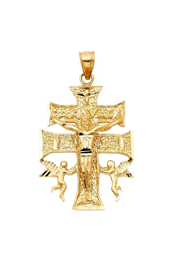 14k Yellow Gold Holy Cross of Caravaca Crucifix Pendant Diamond-Cut Savior Charm Jewelry Female