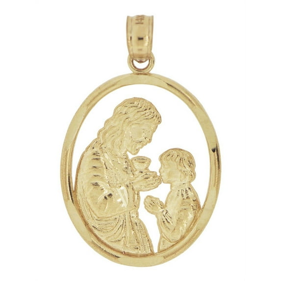 14k Yellow Gold, Holy First Communion Pendant Religious Charm Oval 16mm