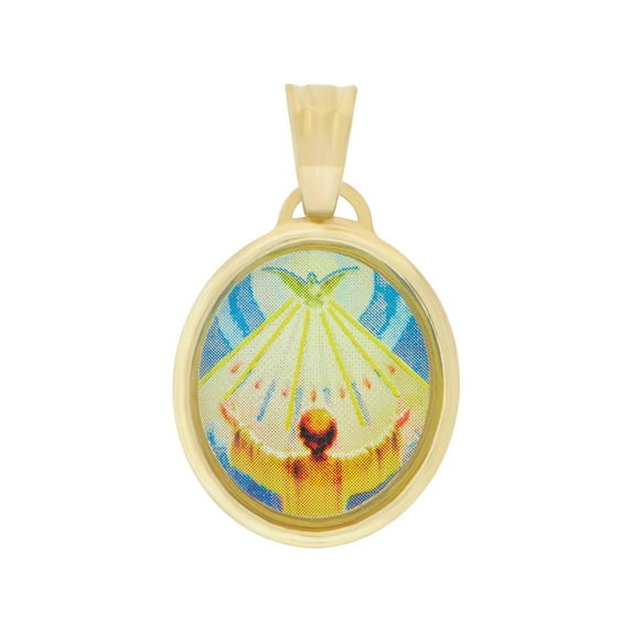 14k Yellow Gold, Holy Spirit Communion Confirmation Pendant Colorful Enamel Oval Medal 15mm with 18" Dainty Neck Chain