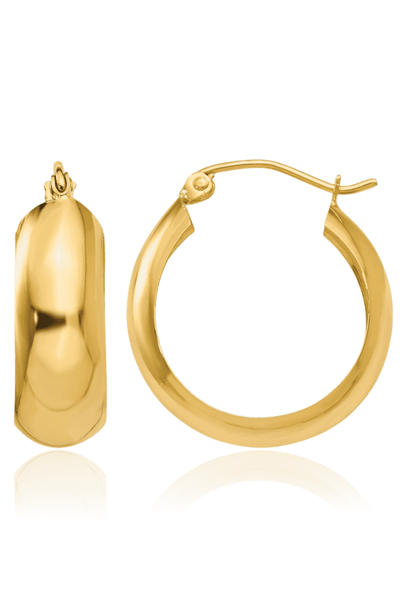 14K Solid Yellow Gold Small Hoop Earrings - 14mm 0.6 inch - Snap Back, Polished Women's