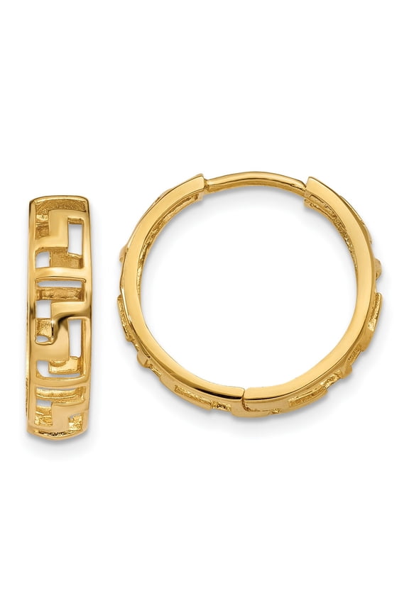 14k Yellow Gold Hoop Earrings for Women with Greek Key Design, Geometric Pattern Symbolizing Infinity and Unity, Classic Cultural Style for Everyday or Special Occasion Wear