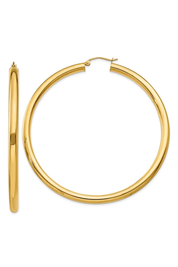 14k Yellow Gold 65mm Large Hoop Earrings, Lightweight Polished Round Hoops for Women