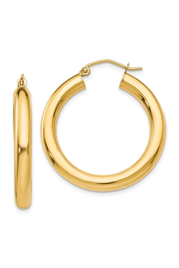 14k Yellow Gold Hoop Earrings for Women, Medium Thick Polished Round Design with Hinged Snap Closure, Classic Solid Gold Jewelry for Everyday or Formal Wear
