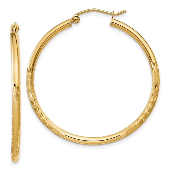 14k Yellow Gold Hoop Earrings for Women, Textured Diamond Cut Round Design, Lightweight Fine Jewelry for Daily Wear, Classic Satin Finish Fashion Accessory