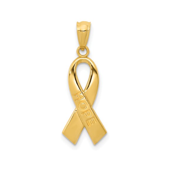 14k Yellow Gold Hope Ribbon Pendant for Women or Unisex, Awareness Necklace Symbolizing Strength, Support, Encouragement, Unity, Inspirational Faith Jewelry