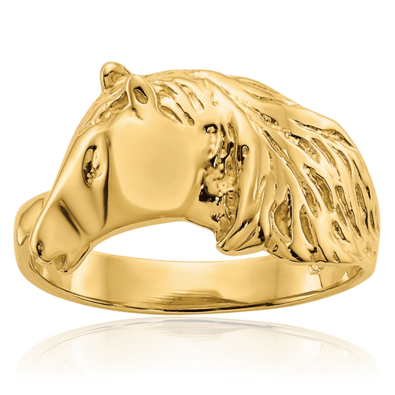 14K Solid Yellow Gold Horse Head Ring Animal Lover Equestrian Band