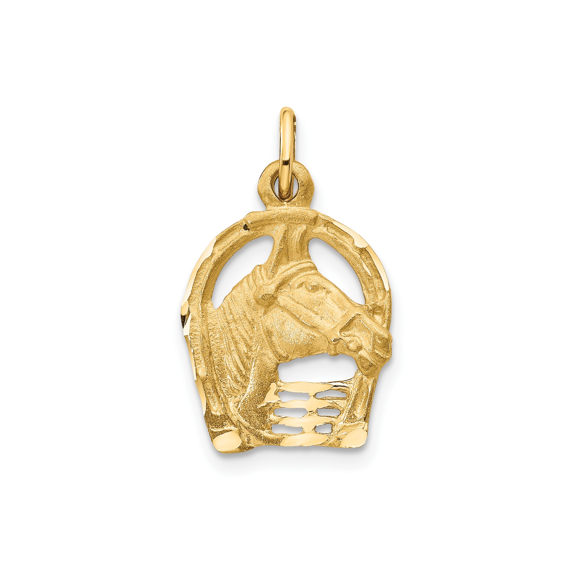 14k Yellow Gold Horse Head Horseshoe Pendant Charm, Western Equestrian Diamond-Cut
