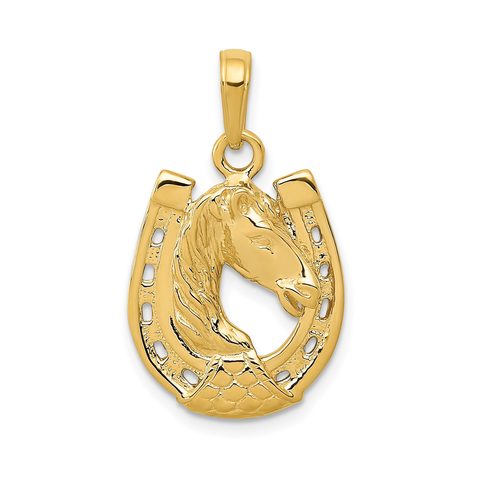14k Yellow Gold Horse Head Pendant with Horseshoe Symbol for Strength and Protection, Western Style Equestrian Necklace for Men and Women, Country Cowboy Jewelry Charm