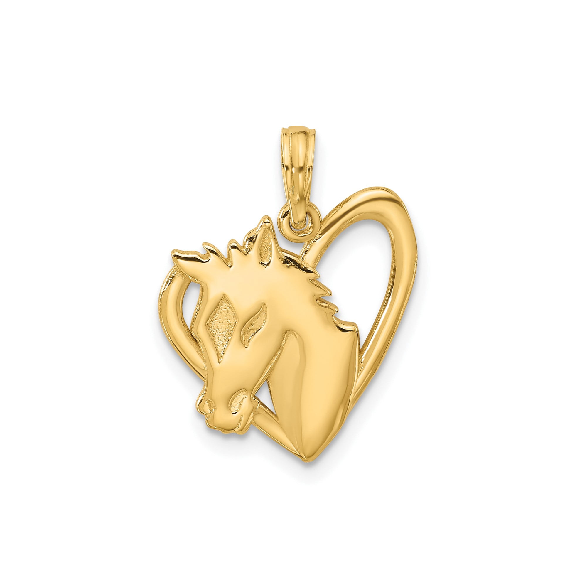 14k Yellow Gold Horse Head Pendant with Open Heart Design for Women, Equestrian Animal Charm Symbolizing Strength and Freedom, Polished Jewelry Necklace for Horse Lovers