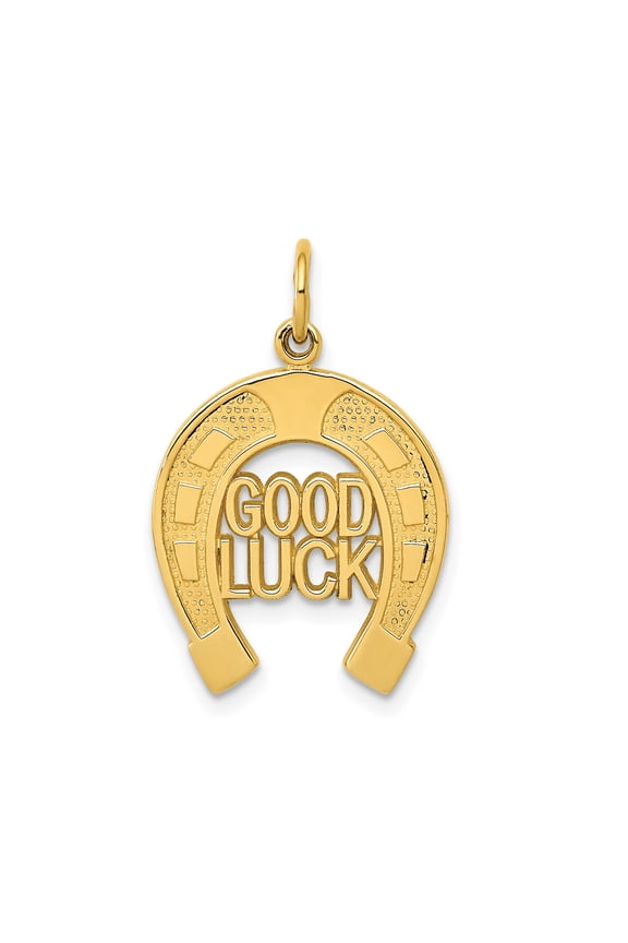 14k Yellow Gold Horseshoe Pendant with Good Luck Text, Symbolic Unisex Charm Necklace for Men and Women, Fortune Protection Jewelry, Equestrian Style Gold Accessory