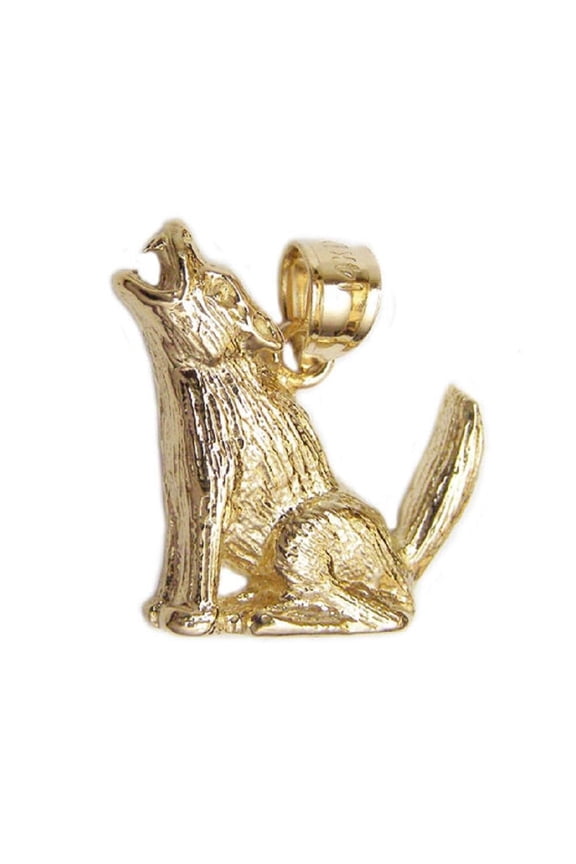 14k Yellow Gold Howl Wolf Coyote Pendant, Made in USA
