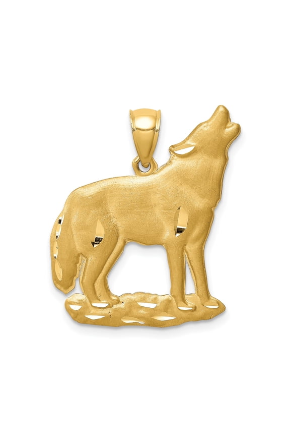 14K Yellow Gold Howling Wolf Pendant, 25mm Diamond-Cut Polished & Brushed