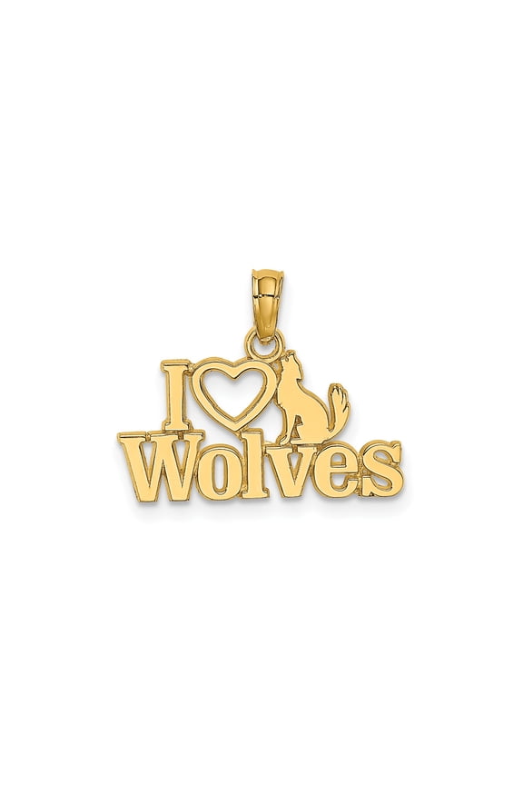 14k Yellow Gold Howling Wolf Pendant Necklace with Heart, Animal Charm for Women or Unisex, Nature Inspired Wildlife Jewelry, Symbolic Wilderness Silhouette Design