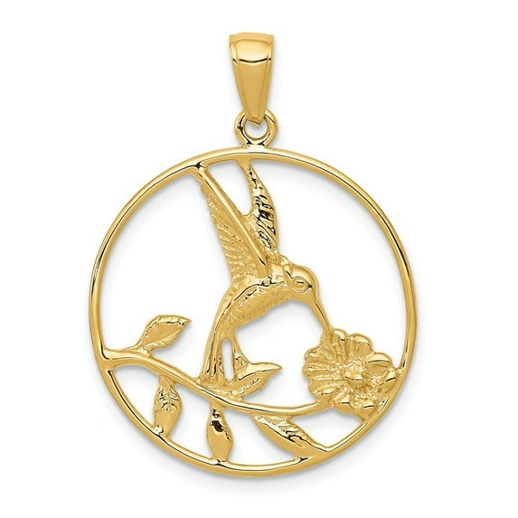 14k Yellow Gold Humming Bird In Round Frame Pendant - 2.3 Grams