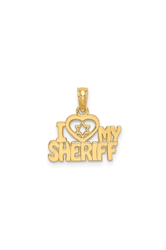14k Yellow Gold I Love My Sheriff Pendant with Six-Pointed Star, Law Enforcement Necklace for Women or Unisex, Police Support Jewelry, Officer Symbol Charm