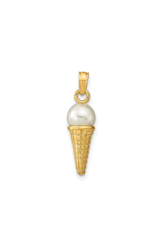 14k Yellow Gold Ice Cream Cone Pendant Necklace with Pearl Scoop, Waffle Design, Whimsical Food Jewelry for Women or Teens, Summer Charm, Dainty Novelty Style