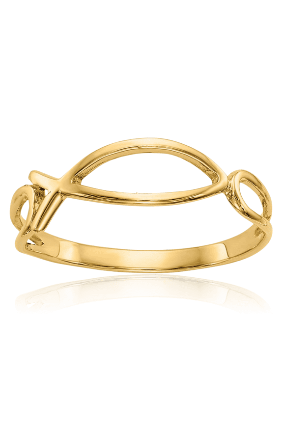 14K Solid Yellow Gold 2mm Slim Ichthus Fish Band Ring - Polished Women's
