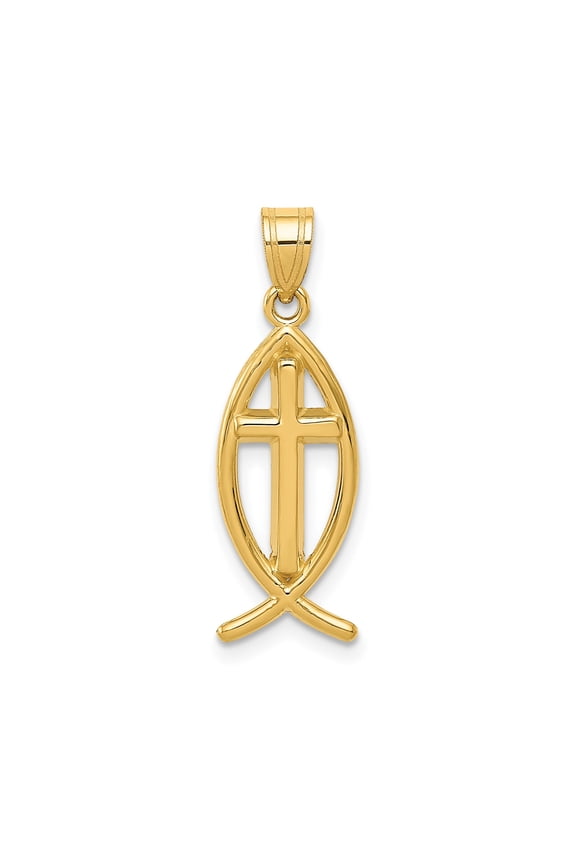 14k Yellow Gold Ichthys Fish Cross Pendant Necklace for Women and Men, Christian Religious Symbol Jewelry, Spiritual Faith Devotion Accessory