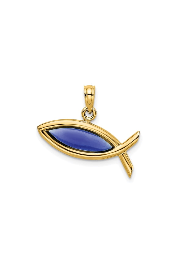 14k Yellow Gold Ichthys Fish Pendant Necklace for Women with Blue Enamel, Christian Symbol of Faith, Religious Jewelry for Daily Wear