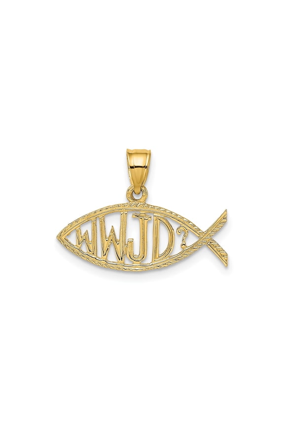 14K Yellow Gold WWJD Ichthus Fish Charm Pendant, Textured Religious Fish Design