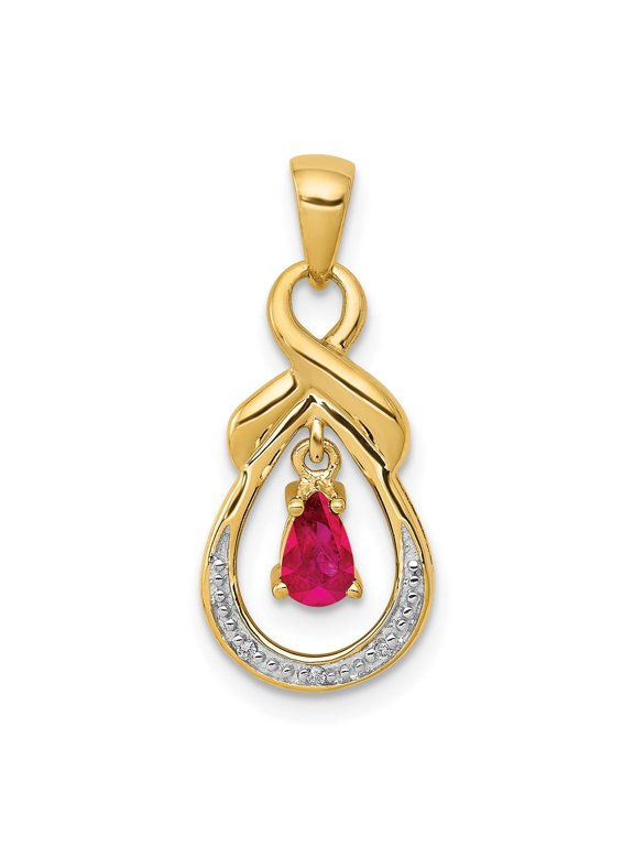 14k Yellow Gold Infinity Loop Pear-Shaped Ruby and Diamond Pendant Charm for Women