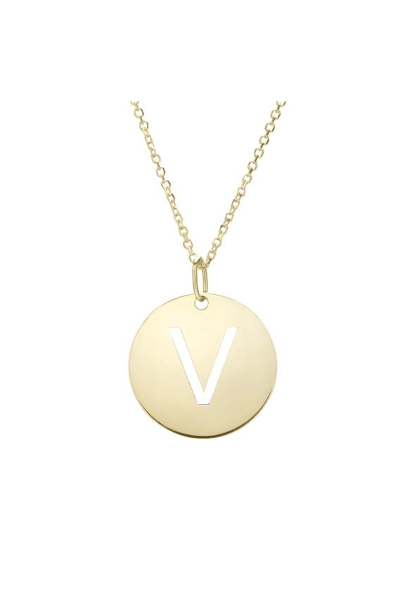 14k Yellow Gold Initial Letter V Round Pendant Necklace, 18"
