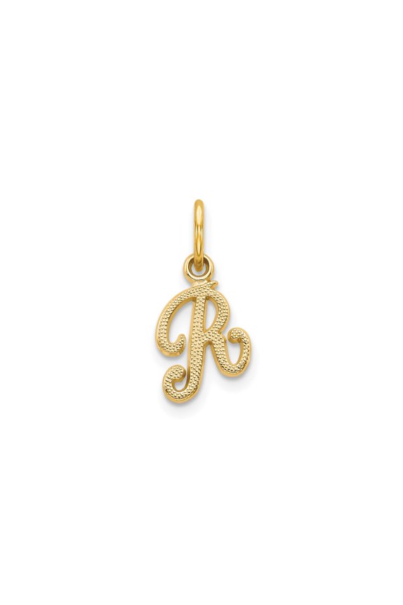 14k Yellow Gold Initial R Pendant for Women, Script Letter Charm with Textured Design, Personalized Necklace Accessory, Custom Jewelry Symbolizing Identity and Style