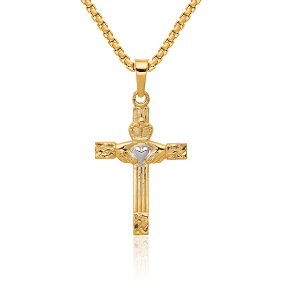 14K Solid Yellow Gold Heart Irish Claddagh Celtic Holy Cross Necklace Religious Chain Pendant Jesus Christ Charm Jewelry