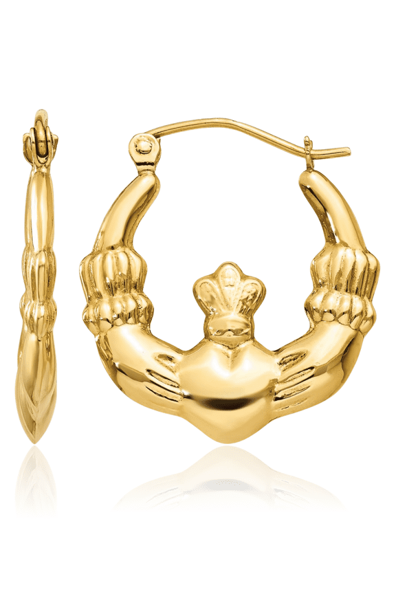 14K Solid Yellow Gold Small Celtic Claddagh Heart Hoop Earrings - 13mm 1/2 inch - Snap Back Women's