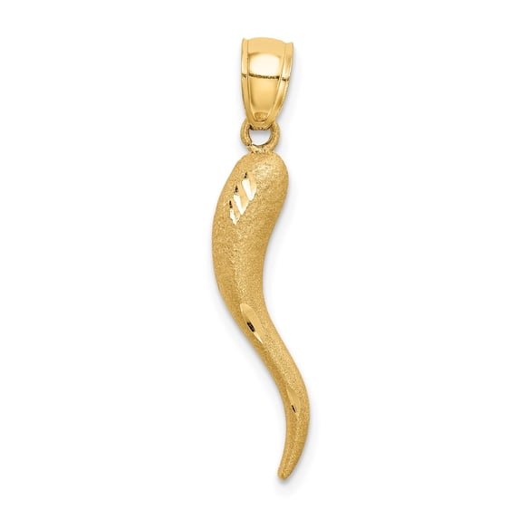 14k Yellow Gold Italian Horn Pendant, Polished and Textured Cornicello Talisman for Protection and Luck, Unisex Spiritual Necklace Symbol from Italian Folklore