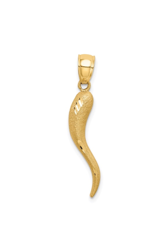 14k Yellow Gold Italian Horn Pendant, Polished and Textured Cornicello Talisman for Protection and Luck, Unisex Spiritual Necklace Symbol from Italian Folklore