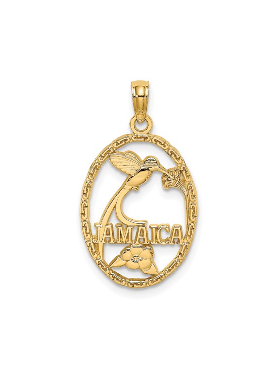 14k Yellow Gold Jamaica Hummingbird and Flower Pendant Necklace for Women or Unisex, Caribbean Nature Charm, Tropical Symbolic Jewelry, Island Pride Oval Design