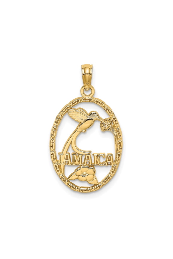 14k Yellow Gold Jamaica Hummingbird and Flower Pendant Necklace for Women or Unisex, Caribbean Nature Charm, Tropical Symbolic Jewelry, Island Pride Oval Design