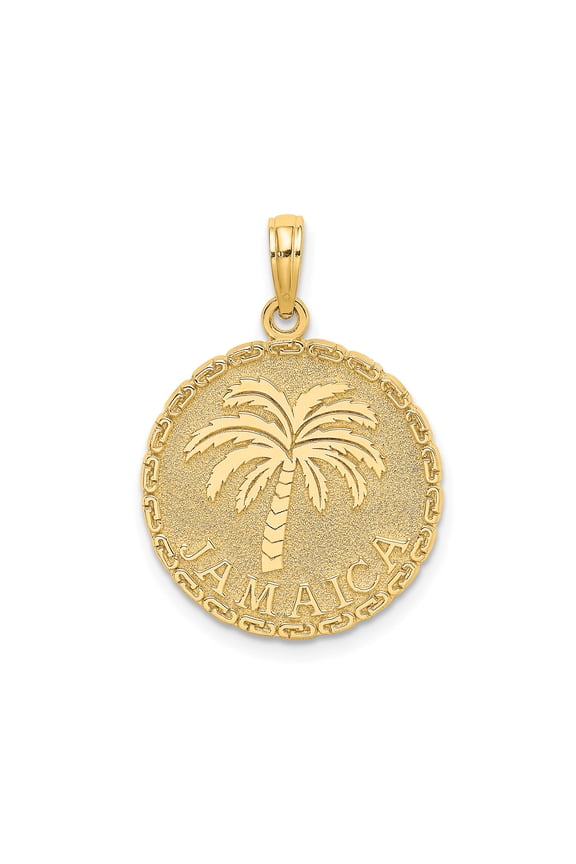 14k Yellow Gold Jamaica Palm Tree Pendant for Men or Women, Tropical Island Jewelry with Textured Background, Caribbean Travel Symbol, Cultural Heritage Necklace