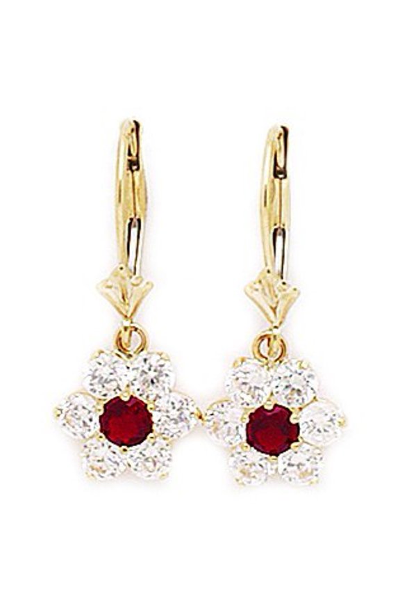 14k Yellow Gold January Red CZ Flower Drop Leverback Earrings - Measures 25x10mm