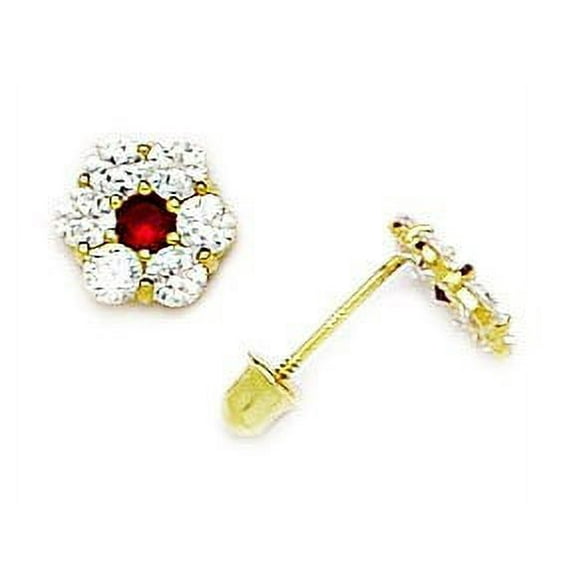 14k Yellow Gold January Red CZ Large Flower Screw-Back Earrings - Measures 7x8mm
