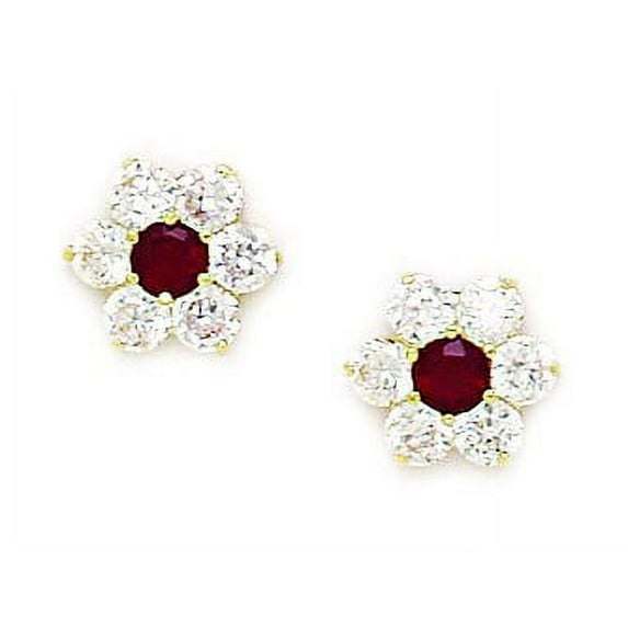 14k Yellow Gold January Red CZ Large Flower Screw-Back Earrings - Measures 9x10mm