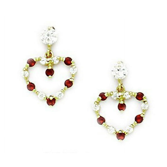 14k Yellow Gold January Red Cubic Zirconia Heart Screw-Back Earrings - Measures 15x10mm