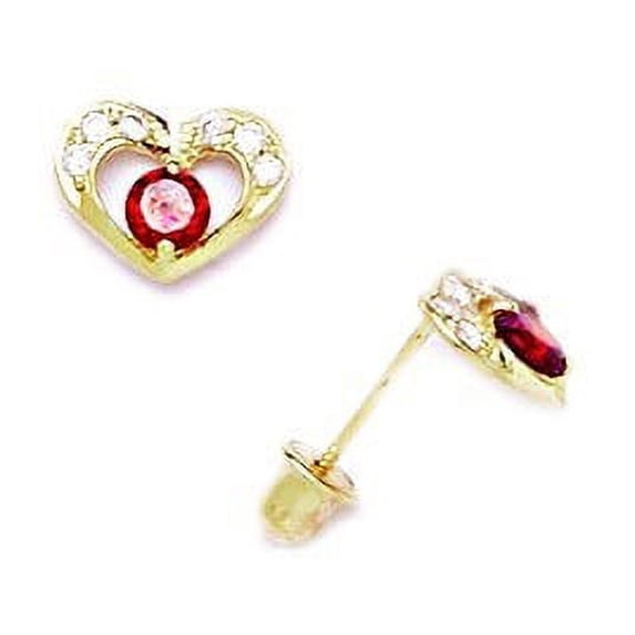 14k Yellow Gold January Red3x3mm Cubic Zirconia Heart Screwback Earrings - Measures 7x9mm