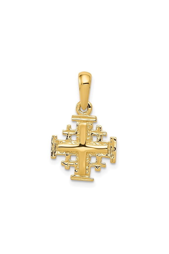 14k Yellow Gold Jerusalem Cross Pendant Charm, Beveled Polished Christian Jewelry